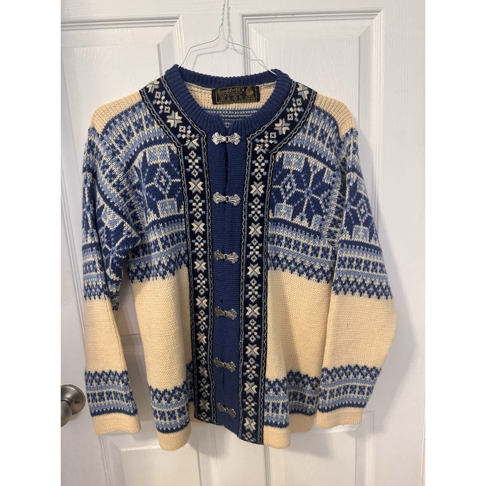 Vintage Nordstrikk Wool Cardigan Sweater Womens Small Blue Cream Nordic Clasps